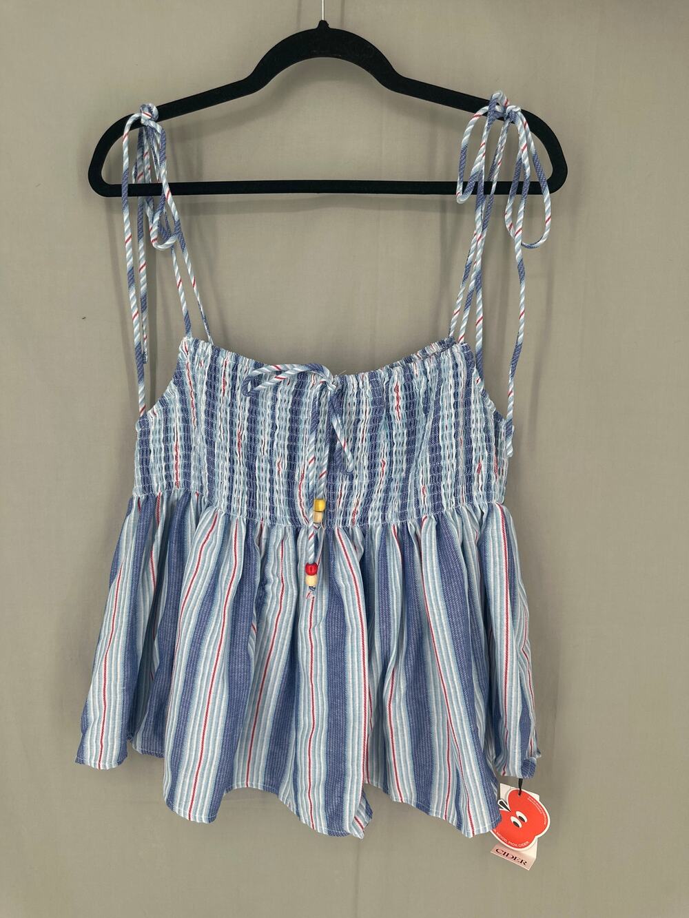 Cider Top XL Blue Striped Ruffle Cami Coastal Beach Euro Summer Cottage Beaded